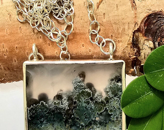 Natural High Grade Scenic Moss Agate .925 Sterling Silver Necklace 1 1/2" x 1 3/8" 20.9 grams FM22