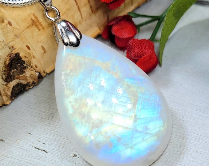 Moonstone Pendant, Rainbow Moonstone Oval Cabochon Sterling Silver Pendant, Multi Color Flash, Gift for Her, Handmade Pendant, DG50