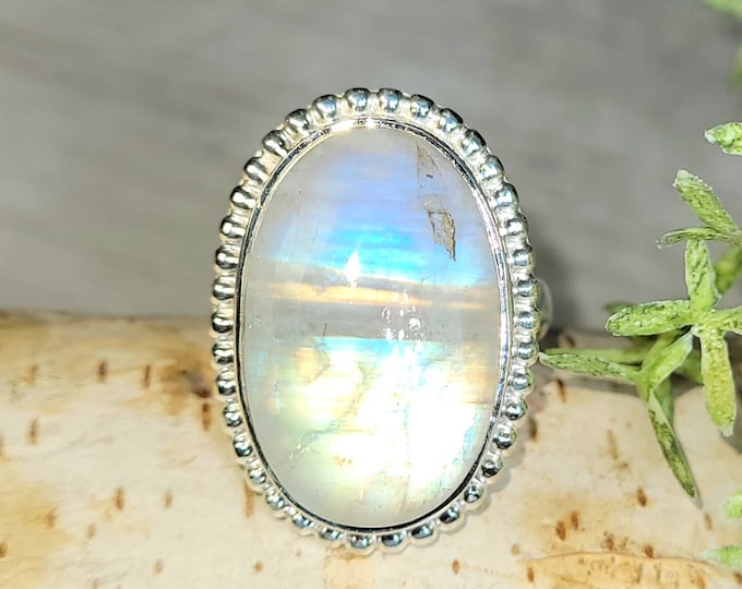 Rainbow Moonstone Ring, Moonstone Ring, Sterling Silver Moonstone Ring, Moonstone Ring Size 7, Statement Ring, Boho Ring, GJ