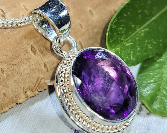Eye Clean Faceted Amethyst Pendant Handmade .925 Sterling Silver 5.2 Grams 1 1/8" x 9/16" FU45