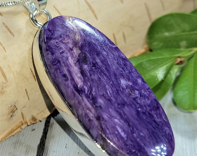 Natural High Grade Charoite Oval Handmade .925 Sterling Silver Pendant Measures 2" x 3/4" 12 Grams CM13 Premium Quality Gift for Her