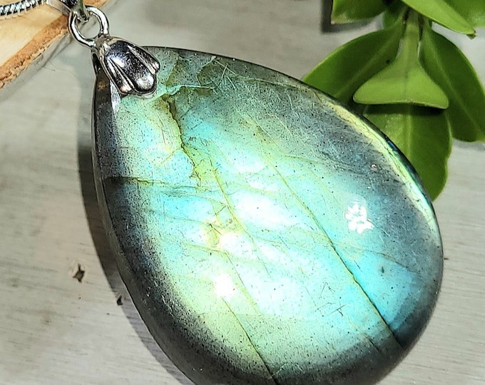 Natural Bright Flash Pear Labradorite Cabochon .925 Sterling Silver Pendant 1 3/4" x 1" EM10 Rhodium Plated Sterling Silver Bail