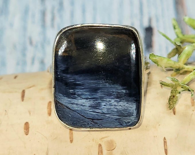 Handmade Pietersite Sterling Silver Ring: Blue & Grey Cushion Cabochon, Size 9.25