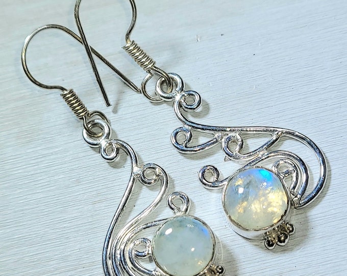 Natural Flashy Moonstone .925 Sterling Silver Earrings 5 Grams 2" x 3/4" X05