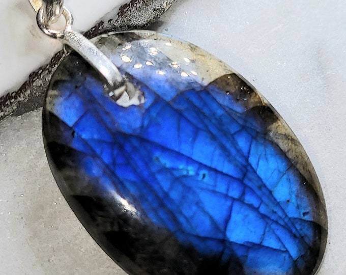Natural High Grade Blue Flash Labradorite Oval Cabochon .925 Sterling Silver Pendant 1 7/8" x 1" EE07