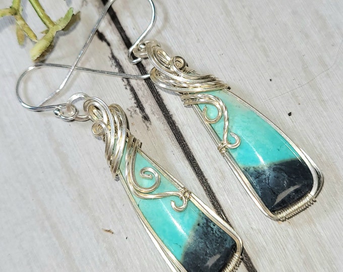 Blue Opalized Earrings, Opalized Sterling Silver Wire Wrapped Earrings, Petrified Wood Earrings, Hand Wrapped Earrings, Gift for Her GS30