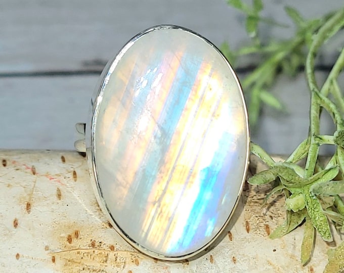 Moonstone Ring, Rainbow Moonstone Sterling Silver Ring, Premium Grade Moonstone Ring, Size  7 Statement Ring, Handmade Ring, GS