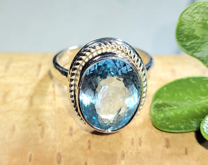 Eye Clean Faceted Blue Topaz Ring Handmade .925 Sterling Silver Ring Size 6.5 5 6.1 Grams 5/8" x 1/2" FU39
