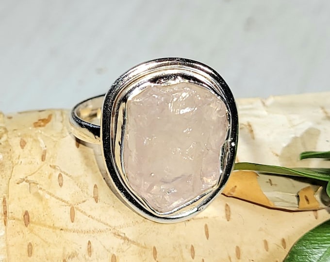 Natural Excellent Quality Raw Rough Cut Rose Quartz Handmade .925 Sterling Silver Ring Size 9.5 6 Grams 7/8" x 5/8" CA14