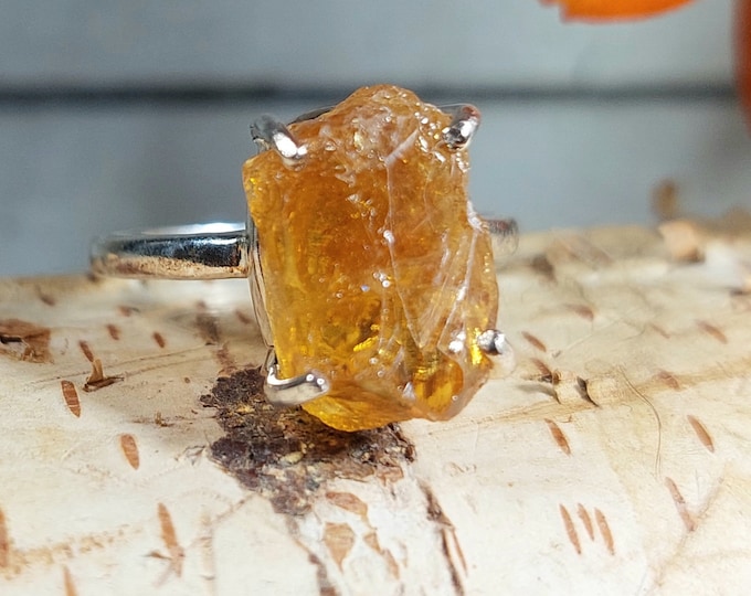 Citrine raw cut ring, Size 9 ring, Citrine rough cut size 9 ring, boho ring, gift for her, yellow ring, .925 sterling silver ring,   GC