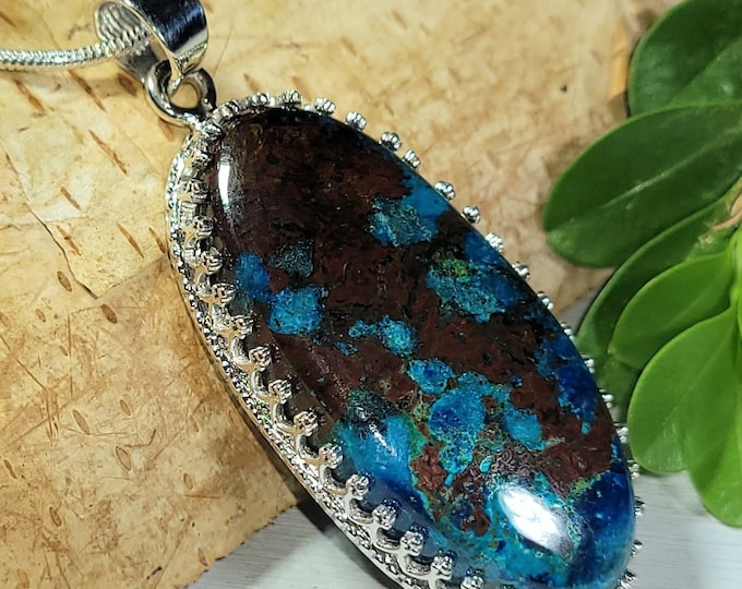 Natural High Quality Azurite Handmade .925 Sterling Silver Pendant 2" x 7/8" 14 grams CE31