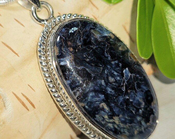 Natural High Grade Blue Marble Pietersite .925 Sterling Silver Pendant 1 7/8" x 7/8" 10 Grams EJ07