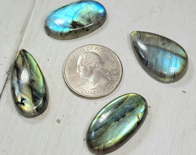 Natural Multi-Flash Labradorite Mixed Cabochons 105ct 4 Stone Lot Wire Wrapping, Weaving, Pendant or Ring Mixed Shapes & Sizes CJ25 Gift