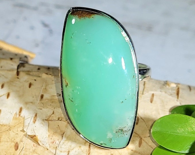 Natural High Grade Green Chrysoprase Handmade Freeform .925 Sterling Silver Ring Size 6.5 7 Grams 1 3/16" x 5/8" CF09