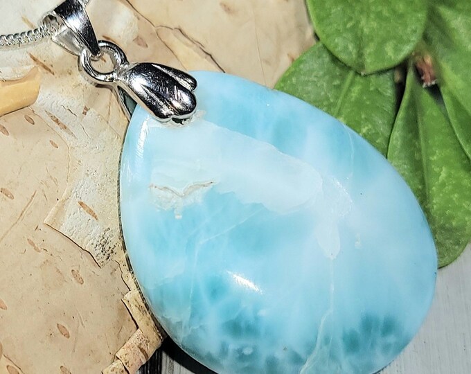 Natural Dominican Larimar Cabochon .925 Sterling Silver Pendant 1 1/2" x 7/8" 8 Grams ET19 Sterling Silver Rhodium Plated Bail