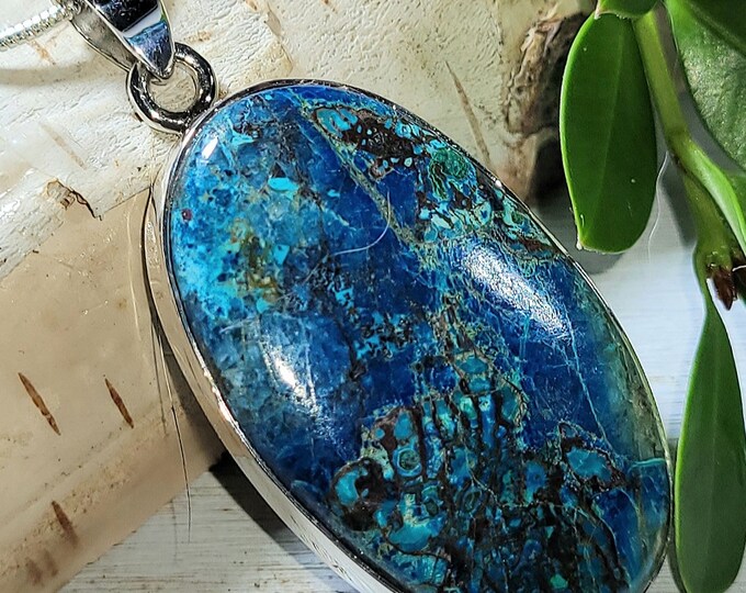 Natural High Grade Azurite Handmade .925 Sterling Silver Pendant 1 7/8" x 7/8" 11 grams EU37
