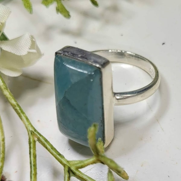 Natural Aquamarine Sterling Silver Ring, Aquamarine Boho Ring, Statement Ring; CZ Handmade Ring, Premium Quality Aquamarine Ring Size 6.75