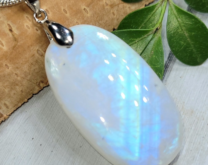 Moonstone Pendant, Rainbow Moonstone Oval Cabochon Sterling Silver Pendant, Full Blue Flash Moonstone, Gift for Her, Handmade Pendant, FF11