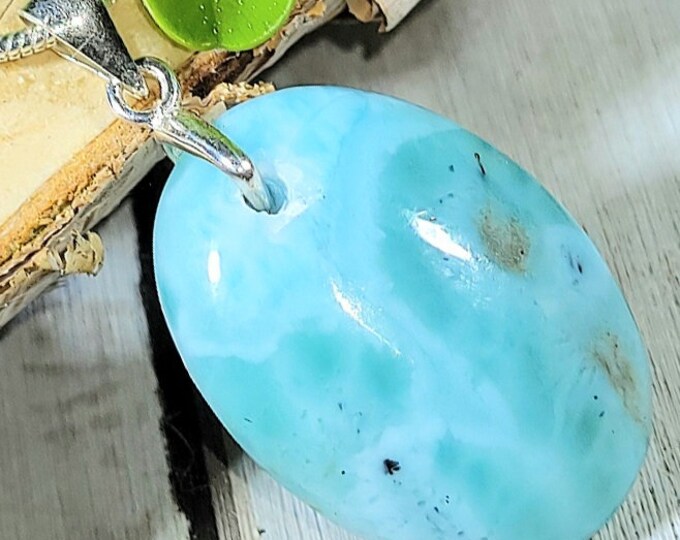 Natural Dominican Larimar Cabochon .925 Sterling Silver Pendant 1 1/4" x 11/16" 4 Grams EG29 Sterling Silver Bail