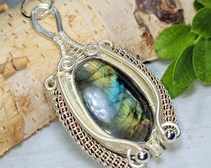 Natural Multi Flash Labradorite Hand Wrapped Silver Over Copper Pendant Designer Style Pendant 2 7/8" x 1 1/4" CO02 Gift For Her