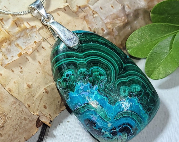 Natural AAA Grade Chrysocolla Malachite Cabochon .925 Sterling Silver Pendant 1 7/8" x 7/8" 14 Grams AD24 Sterling Silver Bail Heavy Duty