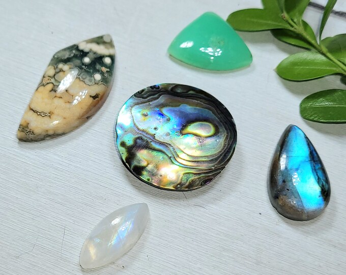Natural Labradorite, Abalone, Moonstone, Ocean Jasper & Chrysoprase 80ct Cabochons Mixed Lot 5 Stone Wire Wrap, Weaving AS15