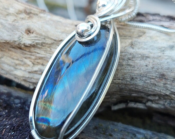 Natural AAA Grade Blue Labradorite Hand Wrapped .925 Sterling Silver Pendant 2" x  3/4" 9 Grams GC12 Handmade Wrapped Solid Sterling Silver
