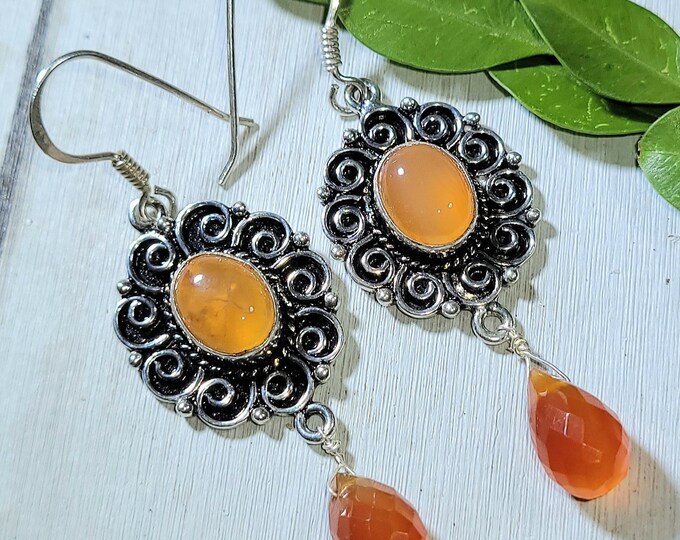 Natural High Quality Carnelian  .925 Sterling Silver Earrings 7 Grams 2 1/4" x 3/4" H12