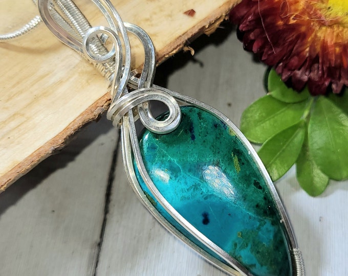 Natural Premium Chrysocolla Azurite wire wrapped .925 Silver Pendant, Sterling Silver Wire Wrapped pendants, Handmade Stone Jewelry CV05