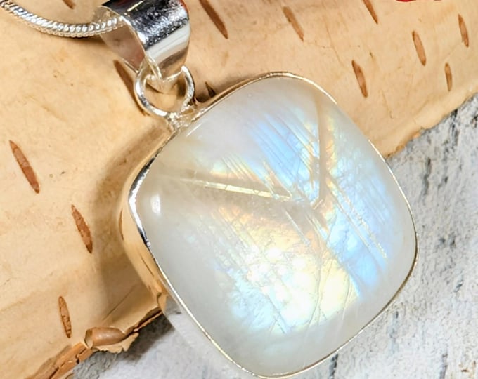 AAA Rainbow Moonstone Sterling Silver Pendant: Multi Flash Cushion Rainbow Moonstone Pendant; KA10