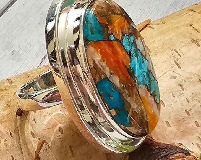 Spiny Oyster Turquoise Ring with Copper, Spiny Oyster Turquoise .925 Sterling Silver Ring, Size 6.5 Spiny Oyster Turquoise Ring.