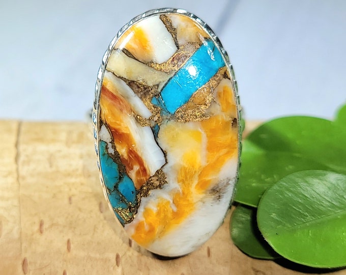 Spiny Oyster Turquoise Ring with Copper, Spiny Oyster Turquoise .925 Sterling Silver Ring, Size 8.5 Spiny Oyster Turquoise Ring.