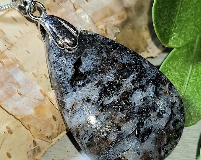 Natural High Quality Astrophyllite Pear Cabochon .925 Sterling Silver Pendant 1 3/4" x 13/16" EW27 Sterling Silver Rhodium Plated Bail