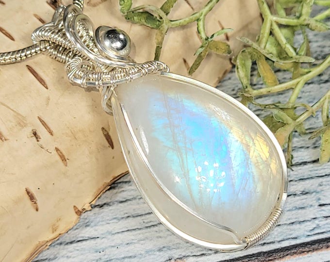 Handmade Sterling Silver Wire Wrapped Moonstone Pendant: Pear Rainbow Flash, JF34