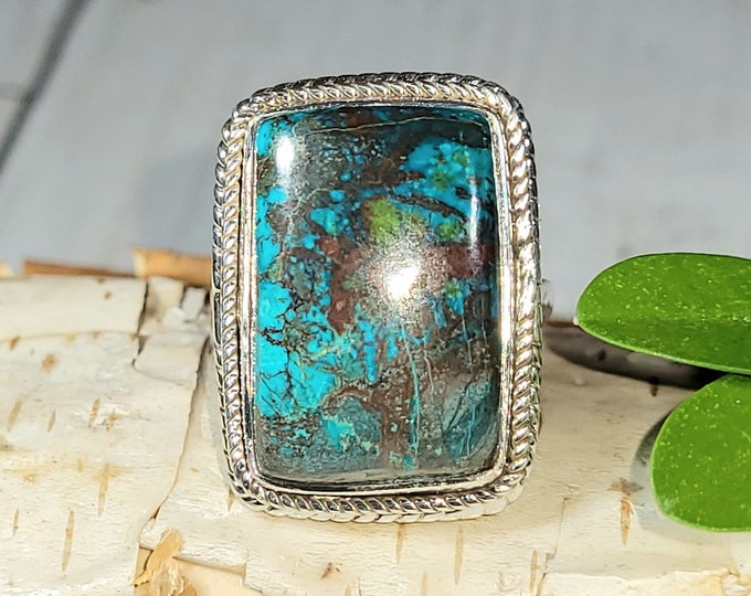 Natural Quality Shattuckite Handmade Rectangle .925 Sterling Silver Ring Size 7 9 Grams Face 1" x 3/4" AT39
