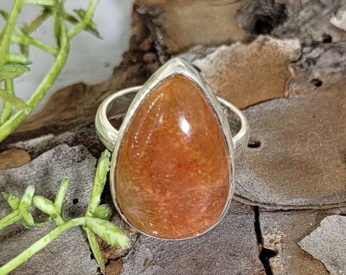 Natural Handmade Pear Sunstone .925 Sterling Silver Ring Size 6 Genuine Stone CZ