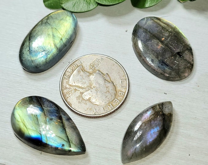 Natural Multi-Flash Labradorite Mixed Cabochons 90ct 4 Stone Lot Wire Wrapping, Weaving, Pendant or Ring AS31 Mixed Shapes & Sizes