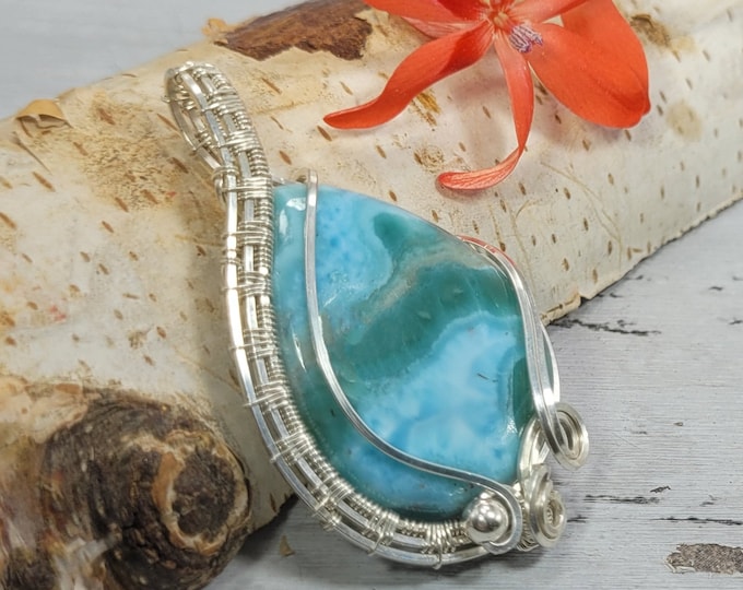 Natural Premium Grade Larimar Hand Wrapped .925 Sterling Silver Pendant 2 1/8" x  1 1/4" FD12 Handmade Wrapped Solid Sterling Silver