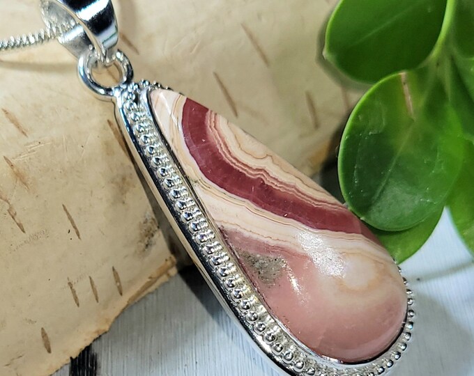 Natural High Grade Argentine Rhodochrosite Handmade Pear .925 Sterling Silver Pendant 1 7/8" x 11/16" 10 Grams CN14 Gift for Her
