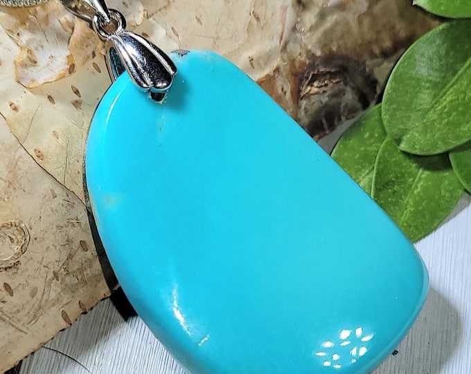 Natural AAA Arizona Kingman Turquoise Cabochon Sterling Silver Pendant Custom Bail 1 7/8" x 1" EX29 Sterling Silver Rhodium Plated  Bail