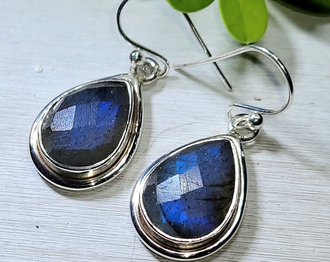 Natural Rose Cut Full Blue Flash Labradorite Pear Handmade .925 Sterling Silver Earrings 6 Grams 1 5/16" x 9/16" AR04