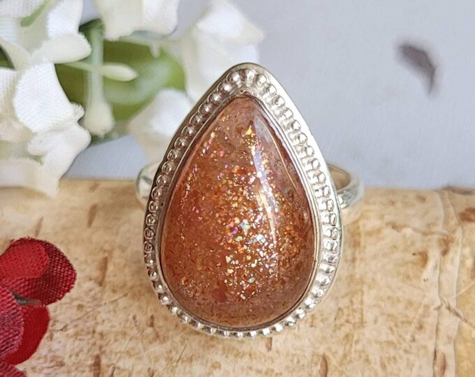 Natural Handmade Pear Sunstone .925 Sterling Silver Ring Size 6.5 Genuine Stone