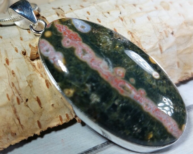 Natural Premium Grade Ocean Jasper Handmade Oval Pendant .925 Sterling Silver Setting Pendant GM17