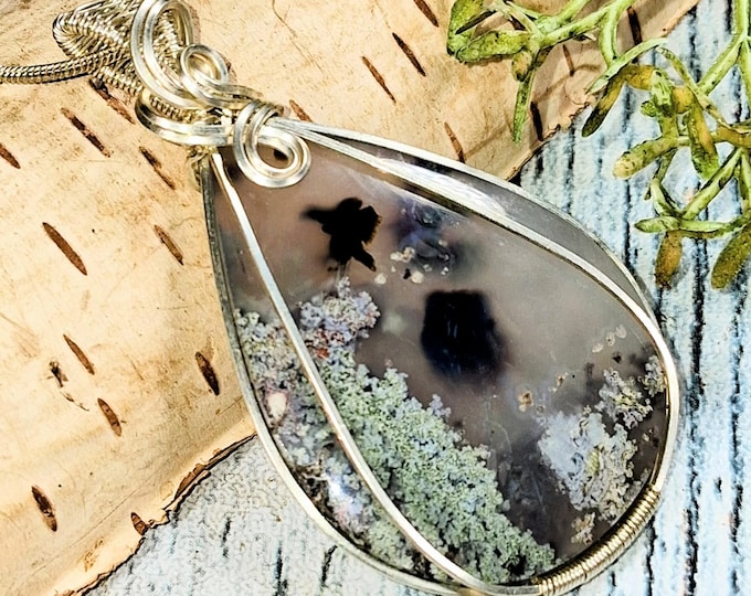 Wire Wrapped Moss Agate Pendant: Sterling Silver Statement Jewelry; KB26