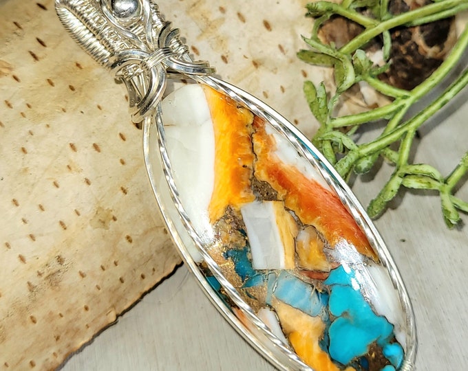 Handmade Spiny Oyster Copper Turquoise Sterling Silver Wire Wrapped Pendant