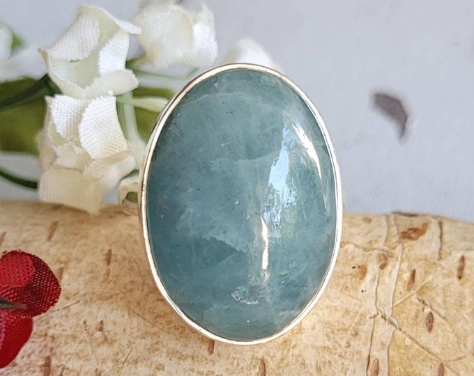 Natural Aquamarine Sterling Silver Ring, Aquamarine Boho Ring, Statement Ring; Handmade Ring, Premium Quality Aquamarine Ring Size 7.5
