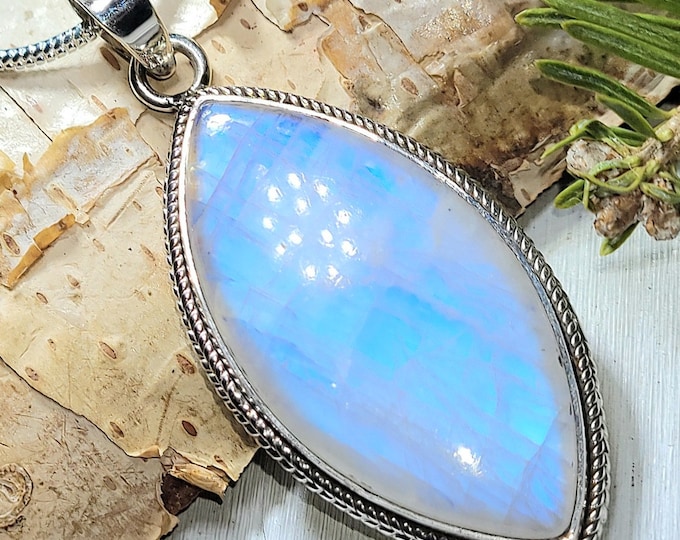 Natural AAAA Grade Full Blue Flash Rainbow Moonstone .925 Sterling Silver Pendant Measures 2 1/4" x 1" Weighs 14 Grams AK39