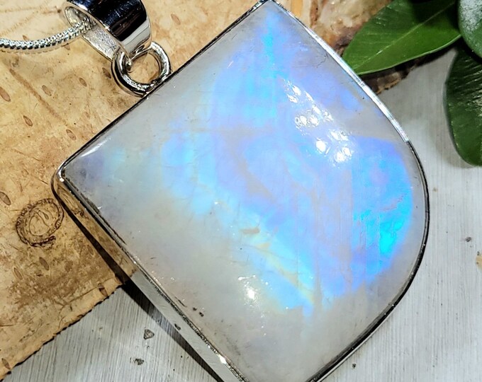 Natural AAAA Grade Multi Full Flash Rainbow Moonstone .925 Sterling Silver Pendant Measures 1 3/4" x 1 3/16" Weighs 16 Grams CA28