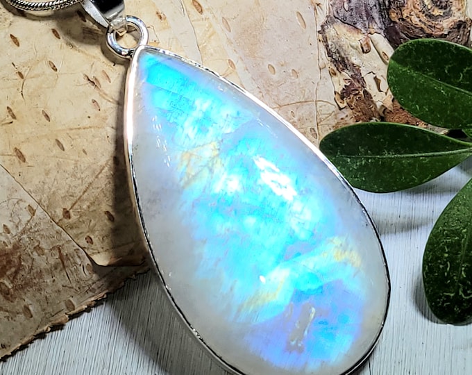 Natural AAAA Grade Multi Full Flash Rainbow Moonstone Pear .925 Sterling Silver Pendant Measures 2 1/4" x 1" Weighs 15 Grams CS02