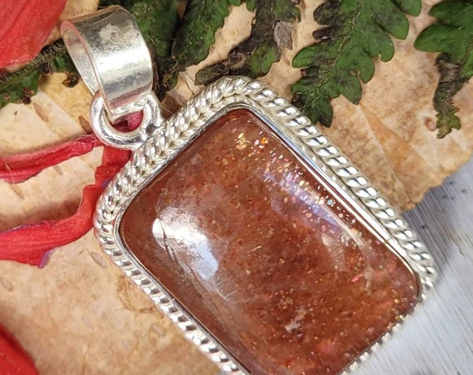 Natural High Grade Orange Sunstone Rectangle .925 Sterling Silver Pendant 1 1/2" x 3/4" 8 Grams CW18.